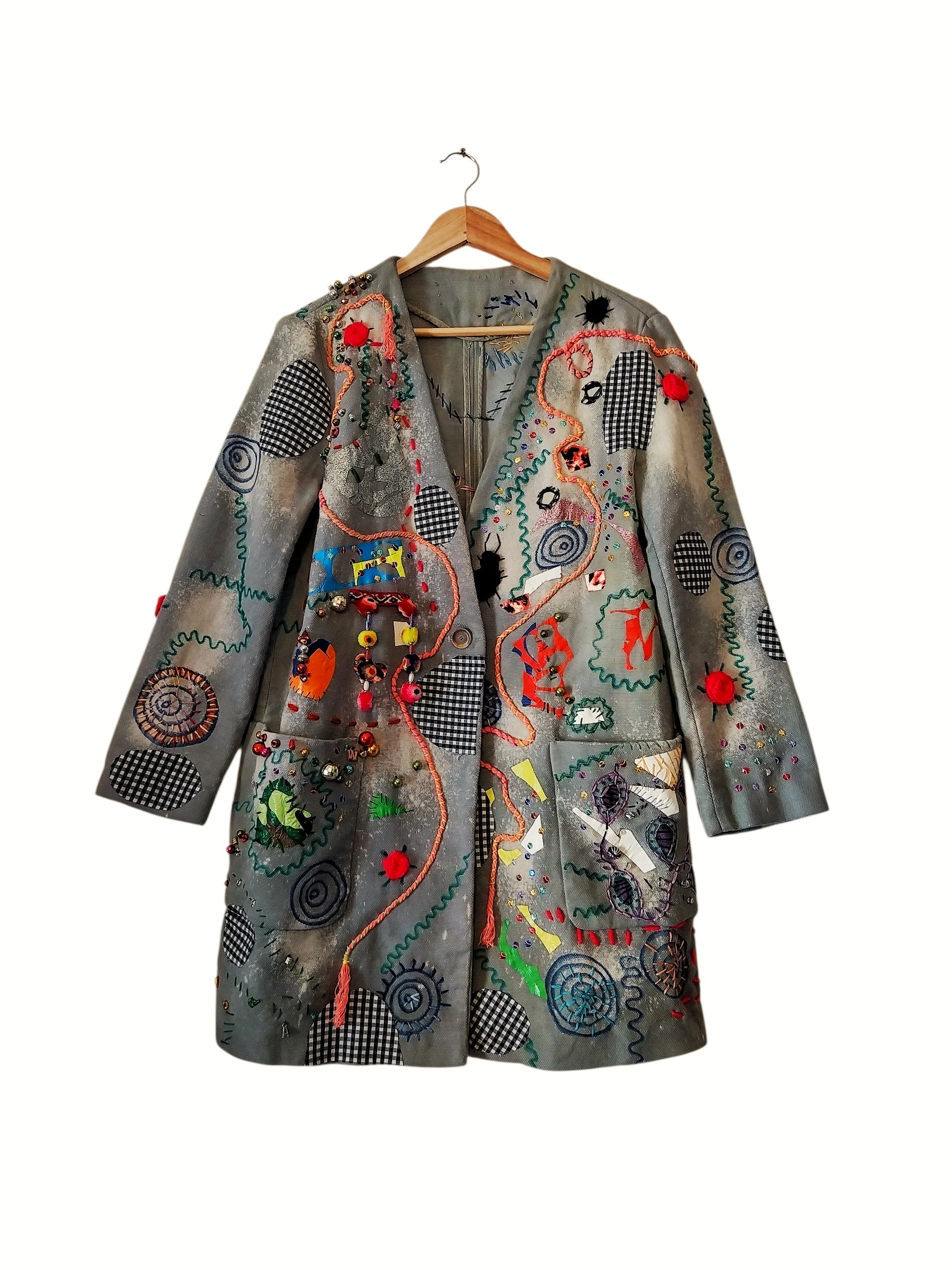 Hand-painted grey oversized coat with navy blue hare appliqué, hand embroidery, and gingham patchwork by Kék Ló