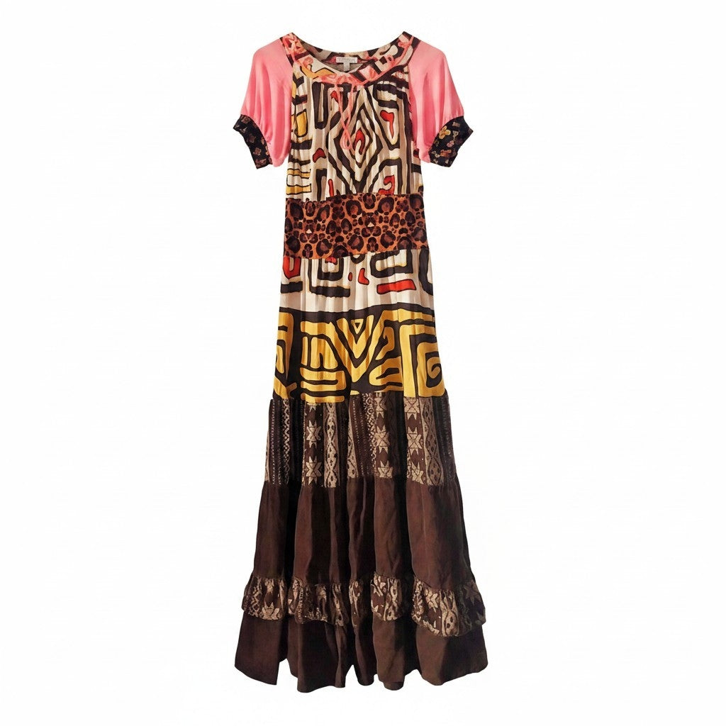 Upcycled tribal and leopard print maxi dress with blush pink sleeves and tiered brown skirt by Kék Ló