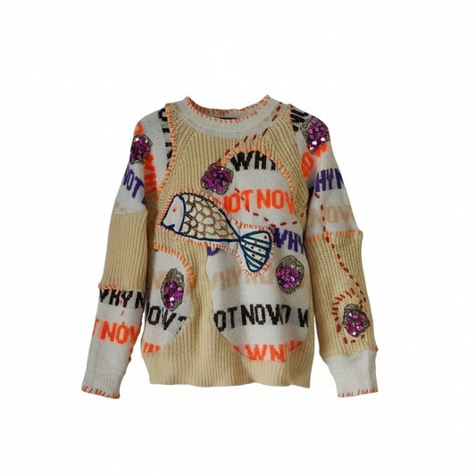 Handmade upcycled cream chunky knit sweater with hand-applied WHY NOT NOW text in black orange and purple, fish appliqué, purple sequin gems and orange contrast seam stitching