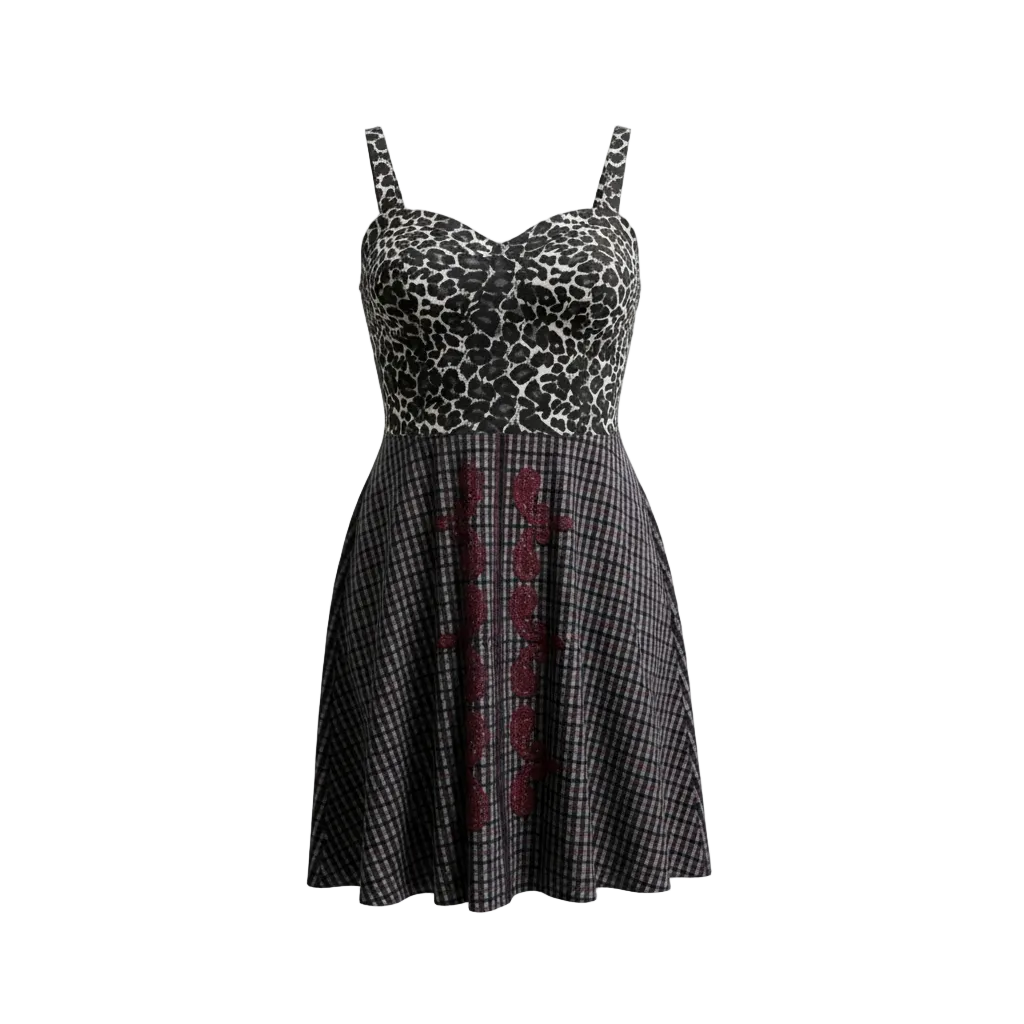 Grey Plaid & Leopard Print Dress