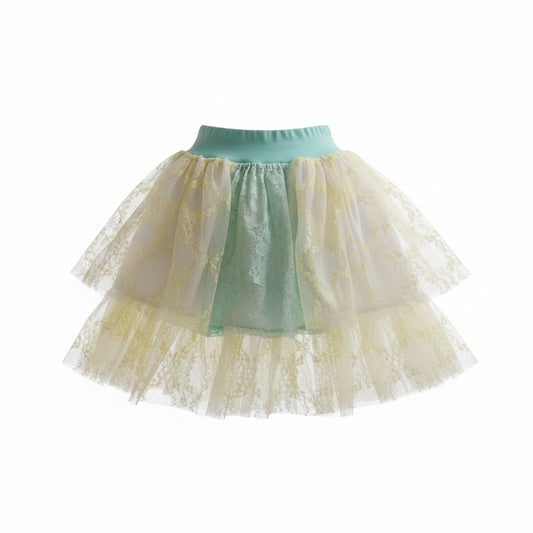 Handmade upcycled three tiered lace and tulle skirt in cream ivory and yellow with mint green underskirt and elasticated mint waistband