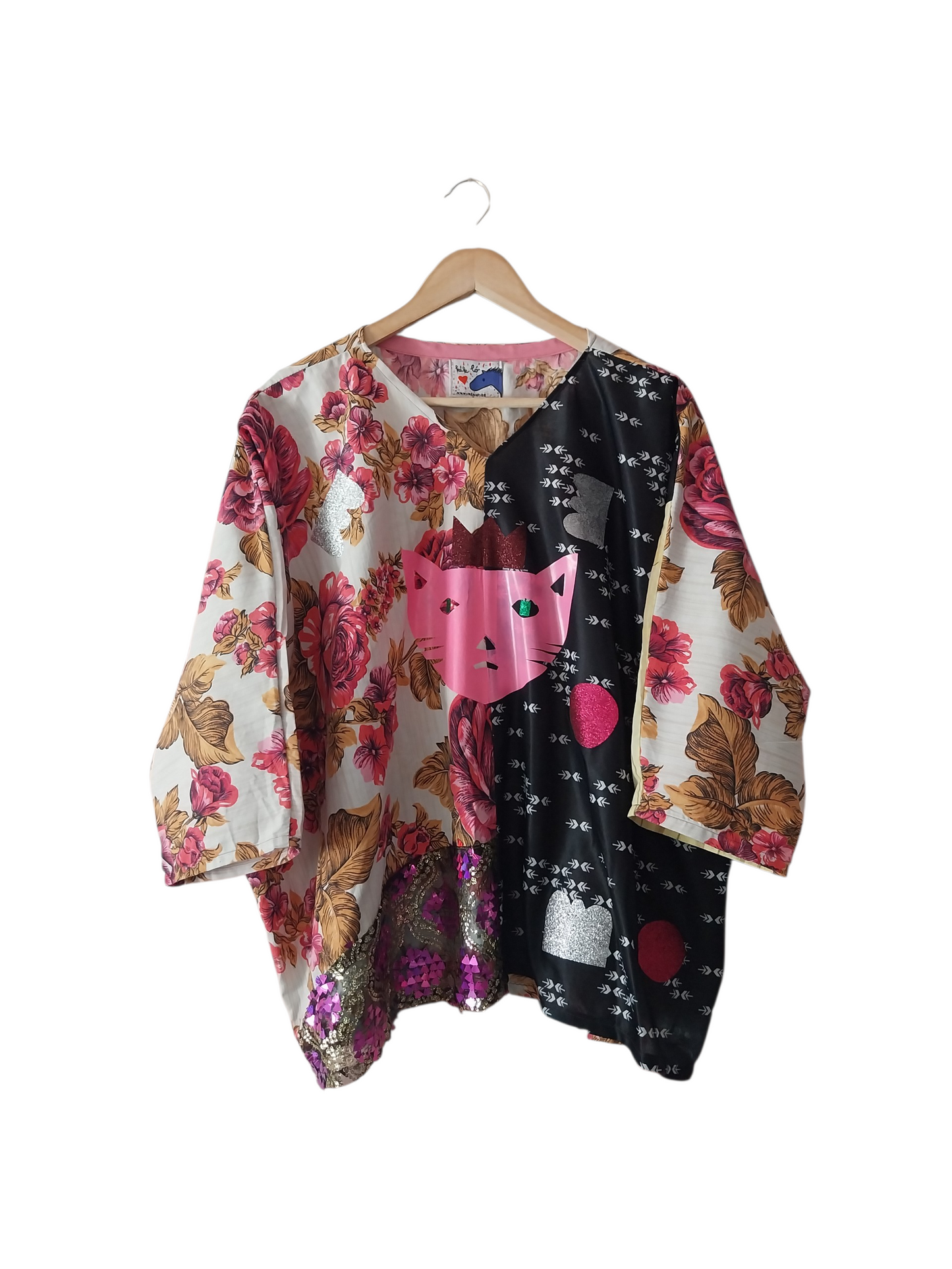 Handmade upcycled oversized shirt with vintage floral and black printed panels and pink vinyl cat face appliqué with sequin hem detail