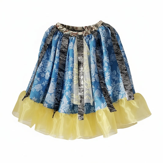 Handmade upcycled patchwork skirt with vertical strips of blue floral cotton silver metallic brocade and sheer ivory fabric with gathered elasticated waistband and yellow tulle hem frill
